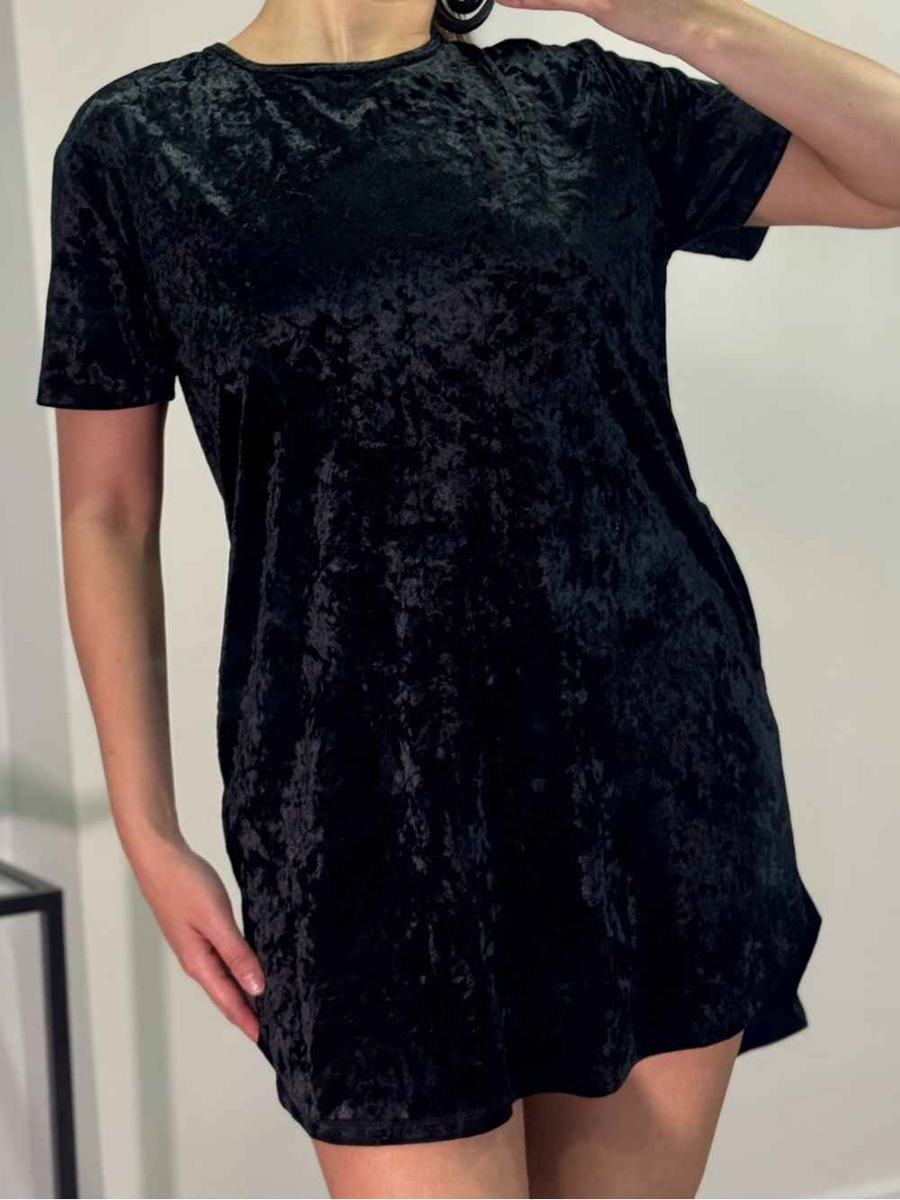 Black Crushed Velvet T‑Shirt Dress